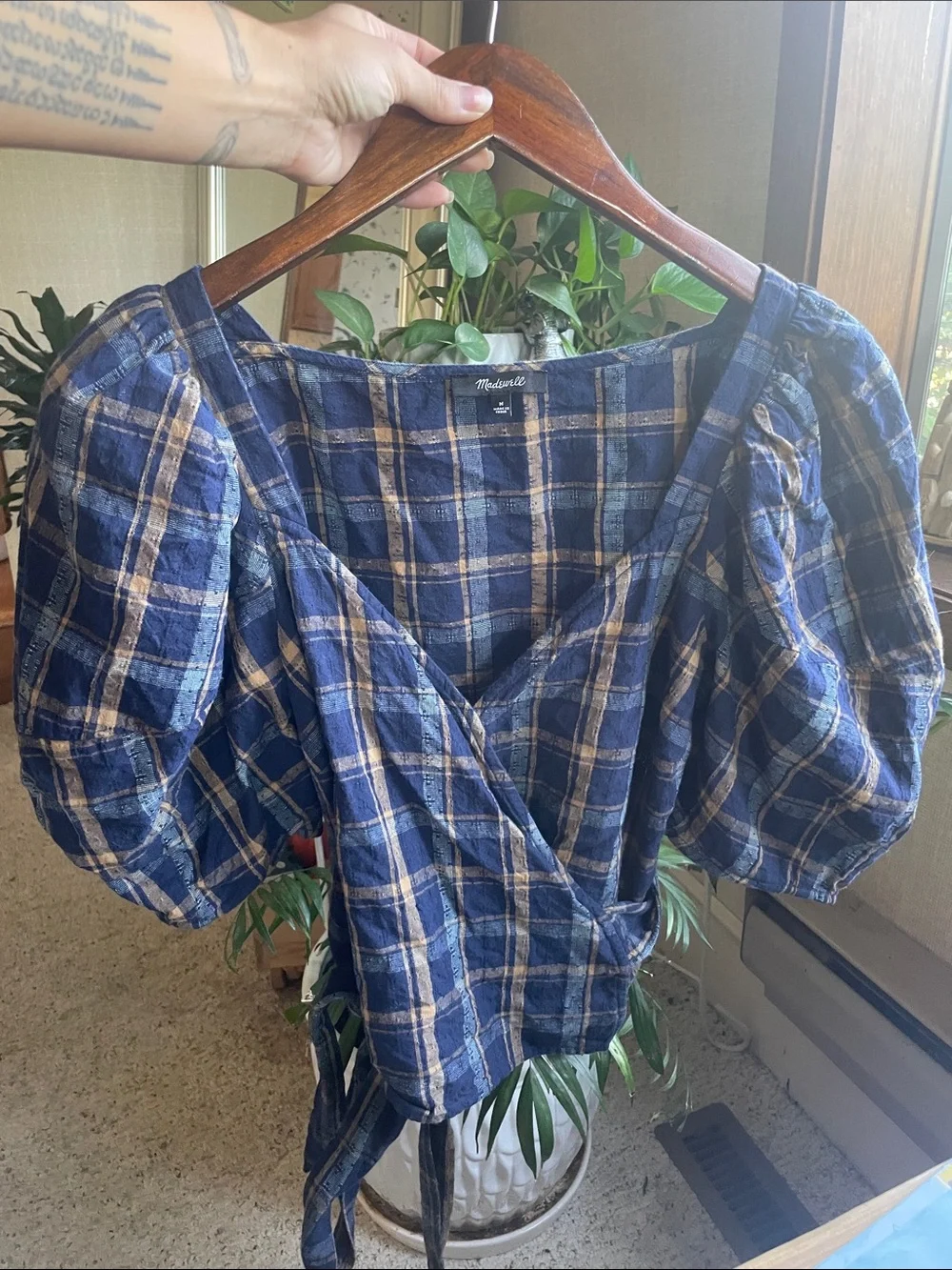 Madewell Navy and Tan Plaid Wrap Blouse with Puff Sleeves